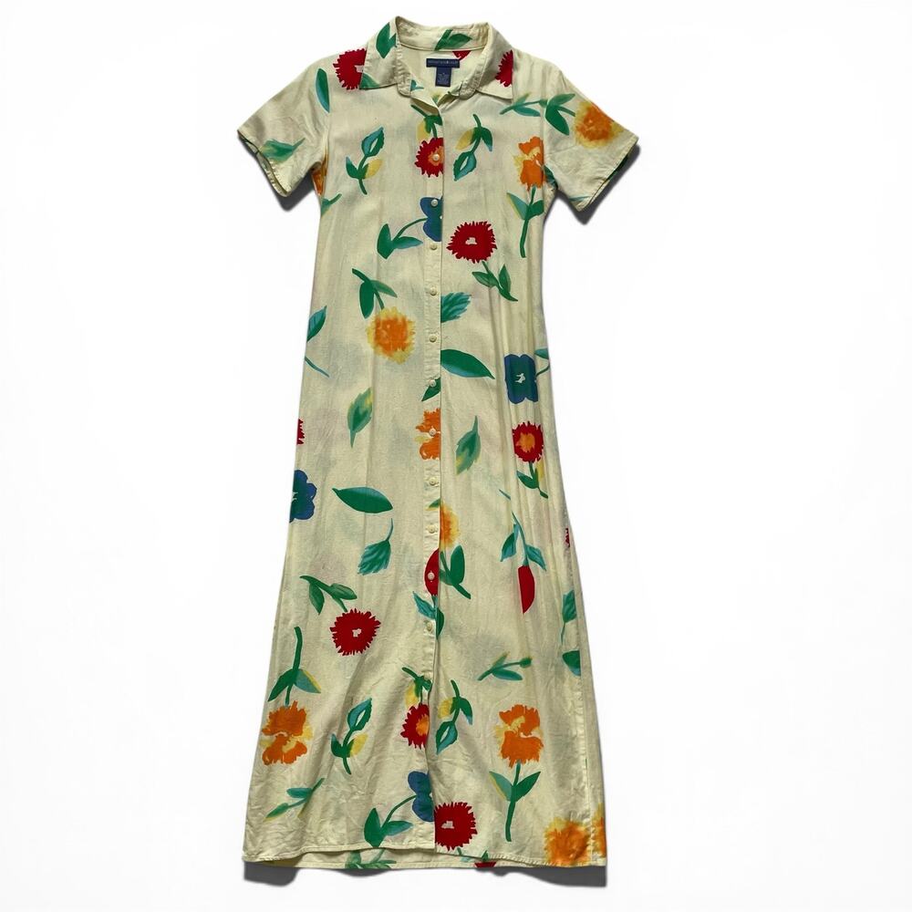 Mountain Lake Linen Blend Floral Shirt Dress Midi Tie Waist S